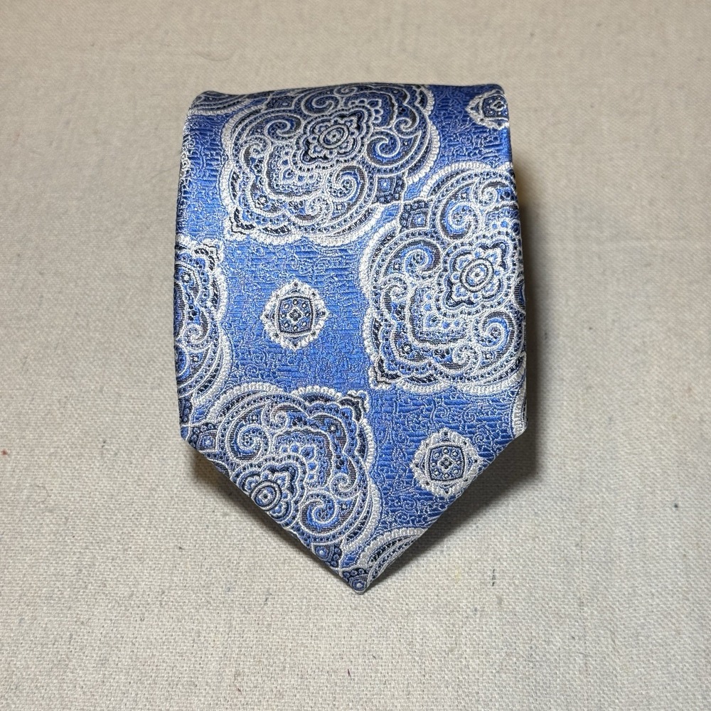 Paul Fredrick Silk Tie Mens OS Blue Silver Medallion Paisley Formal Regencycore